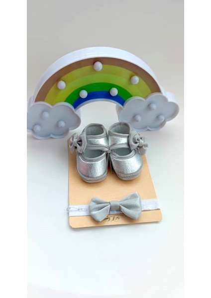 Vavbaby Baby Shine Gümüş Renk Bebek Bandana ve Ayakkabı 0-6 Ay Şirin Sevimli Rahat Yumuşak Taban