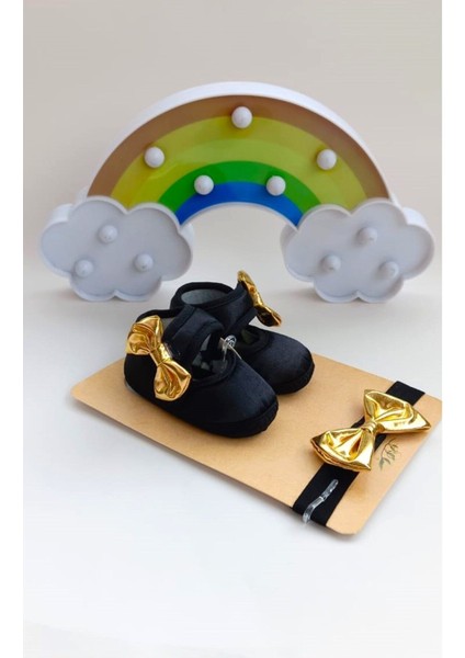 Vavbaby Gold Chic Kız Bebek Bandana ve Ayakkabı 0-6 Ay Şirin Sevimli Rahat Yumuşak Taban