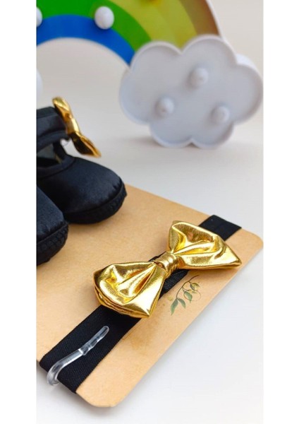 Vavbaby Gold Chic Kız Bebek Bandana ve Ayakkabı 0-6 Ay Şirin Sevimli Rahat Yumuşak Taban