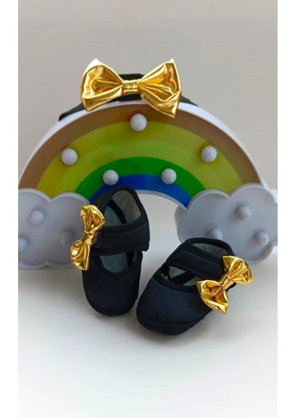 Vavbaby Gold Chic Kız Bebek Bandana ve Ayakkabı 0-6 Ay Şirin Sevimli Rahat Yumuşak Taban