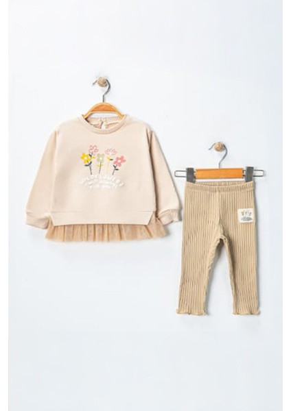 Çiçek Desenli Tüllü Sweatshirt ve Yumuşak Kız Bebek Tayt Takım - Kahverengi
