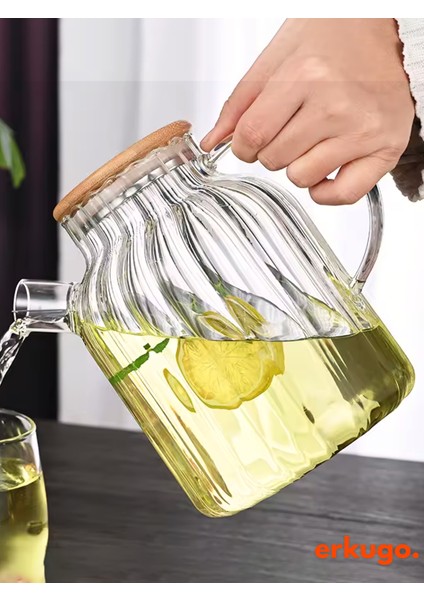 Vakumlu Bambu Kapaklı Isıya Dayanıklı Borosilikat Cam Demlik, Süzgeçli Demlik (1800 Ml) Ekg-Lemonade