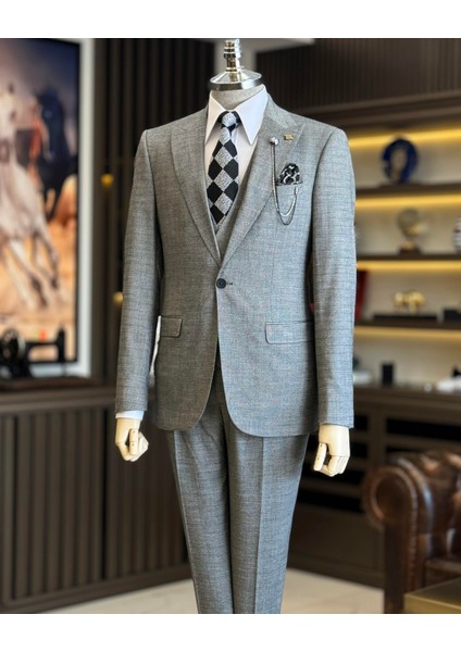 İtalyan Stil Ceket Yelek Pantolon Takım Elbise Gri T12854