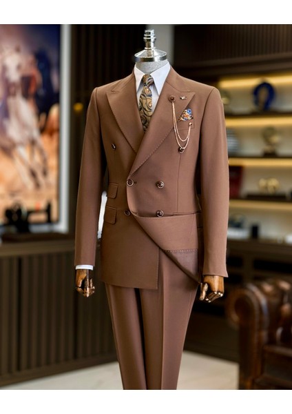 İtalyan Stil Slim Fit Kruvaze Ceket Pantolon Takım Elbise Kahverengi T12602