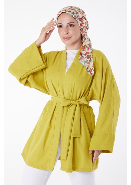 Düz Orta Kadın Yeşil Kuşaklı Kimono - 26129