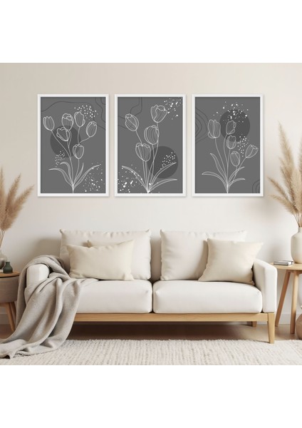 Modern Lale Çizimleri - Lamine Çerçeveli 3'lü Tablo Seti