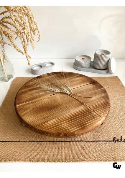 Yuvarlak Doğal Ahşap Sunum Tabağı Ayaklı Düz Ahşap Sunumluk(Beyaz ÇAM)(ÇAP:28CM Yük:6,5cm)