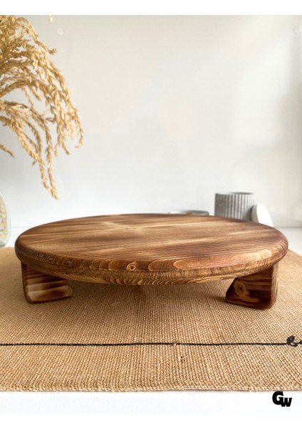 Yuvarlak Doğal Ahşap Sunum Tabağı Ayaklı Düz Ahşap Sunumluk(Beyaz ÇAM)(ÇAP:28CM Yük:6,5cm)