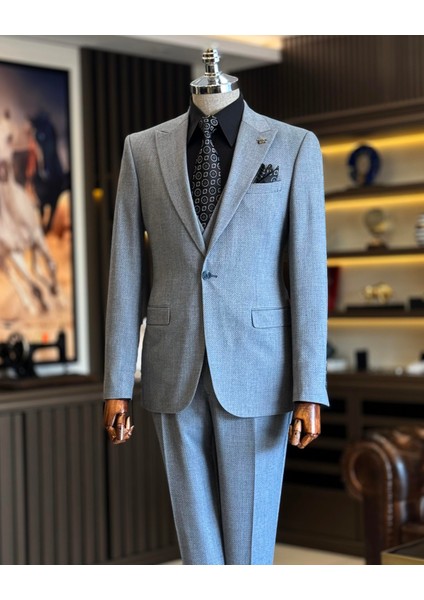 İtalyan Stil Ceket Yelek Pantolon Takım Elbise Mavi T12865