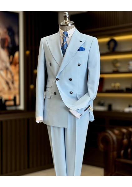 İtalyan Stil Slim Fit Kruvaze Ceket Pantolon Takım Elbise Mavi T12605