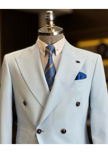 İtalyan Stil Slim Fit Kruvaze Ceket Pantolon Takım Elbise Mavi T12605 fiyatları