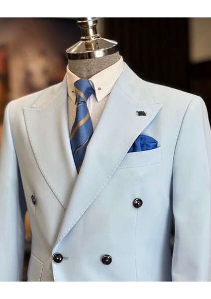 İtalyan Stil Slim Fit Kruvaze Ceket Pantolon Takım Elbise Mavi T12605 fırsatları