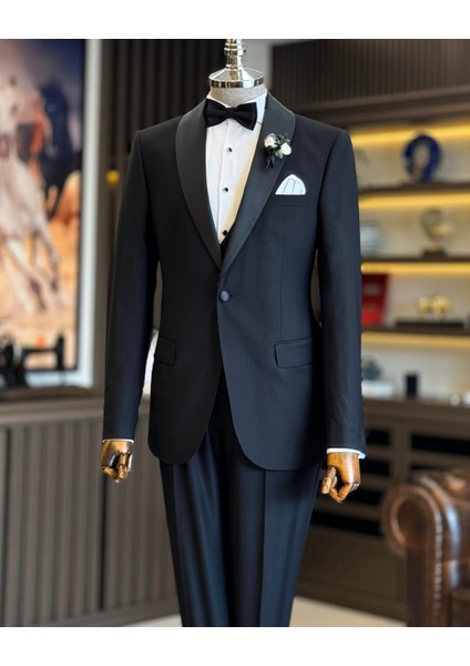 Italyan Stil Slim Fit Şal Yaka Ceket Yelek Pantolon Damatlık Set Siyah T12585 indirimleri