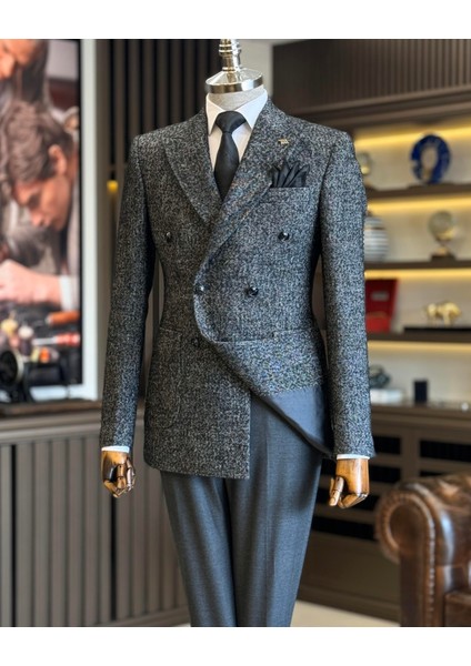 Italyan Stil Slim Fit Kruvaze Torba Cep Erkek Ceket Siyah T11259