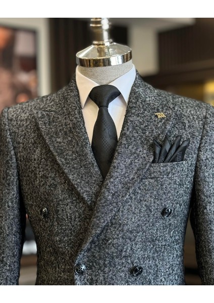 Italyan Stil Slim Fit Kruvaze Torba Cep Erkek Ceket Siyah T11259