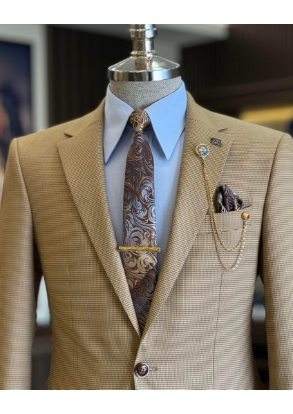 Italyan Stil Slim Fit Kazayağı Desen Erkek Ceket Kahverengi T12626 fiyatları