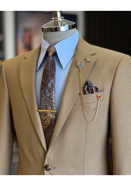 Italyan Stil Slim Fit Kazayağı Desen Erkek Ceket Kahverengi T12626 fırsatları