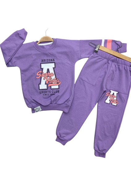 Kız Çocuk Arizona A Harf Desenli Kolu Çizgi Şeritli Bisiklet Yaka Lila Renk Eşofman Takımı