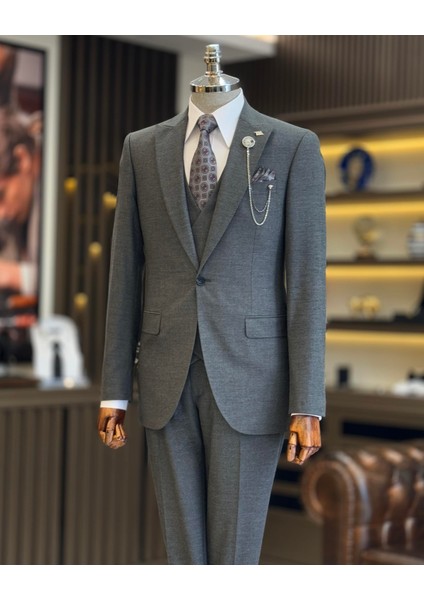 İtalyan Stil Ceket Yelek Pantolon Takım Elbise Gri T12805