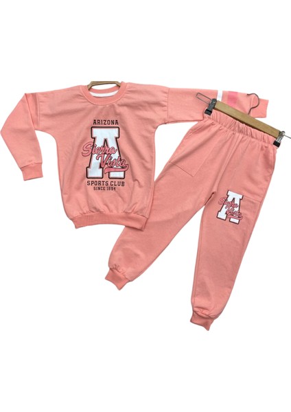 Kız Çocuk Arizona A Harf Desenli Kolu Çizgi Şeritli Bisiklet Yaka Somon Renk Eşofman Takımı