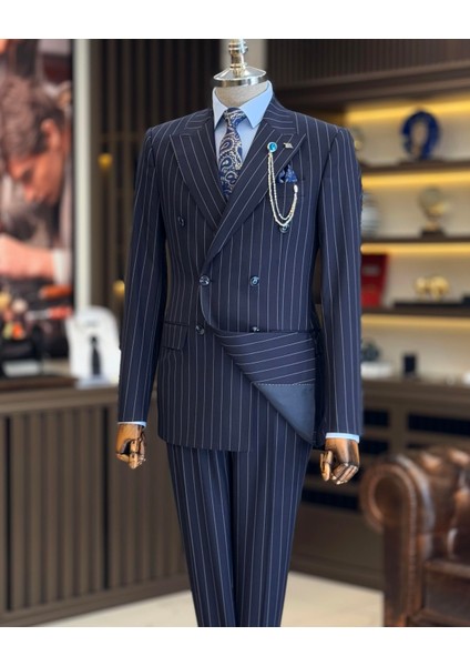 İtalyan Stil Kruvaze Çizgili Ceket Pantolon Takım Elbise Lacivert T12902