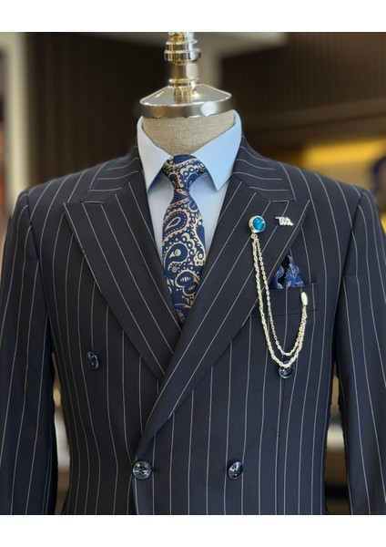 İtalyan Stil Kruvaze Çizgili Ceket Pantolon Takım Elbise Lacivert T12902 fiyatları
