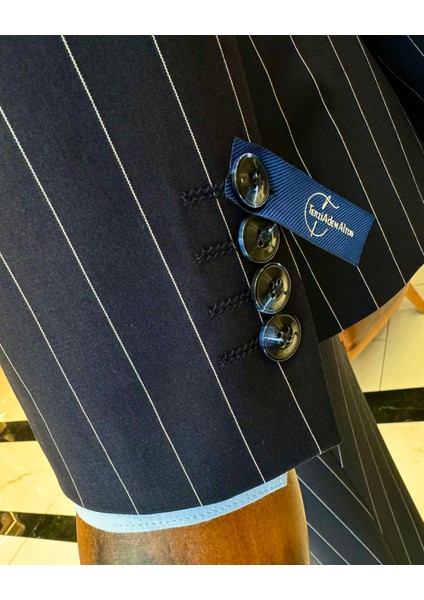 İtalyan Stil Kruvaze Çizgili Ceket Pantolon Takım Elbise Lacivert T12902 modelleri