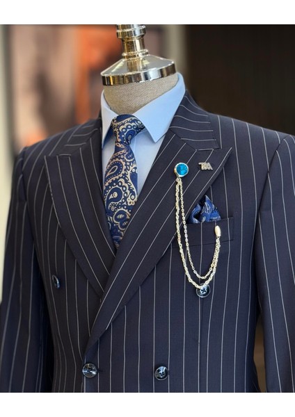 İtalyan Stil Kruvaze Çizgili Ceket Pantolon Takım Elbise Lacivert T12902 fırsatları