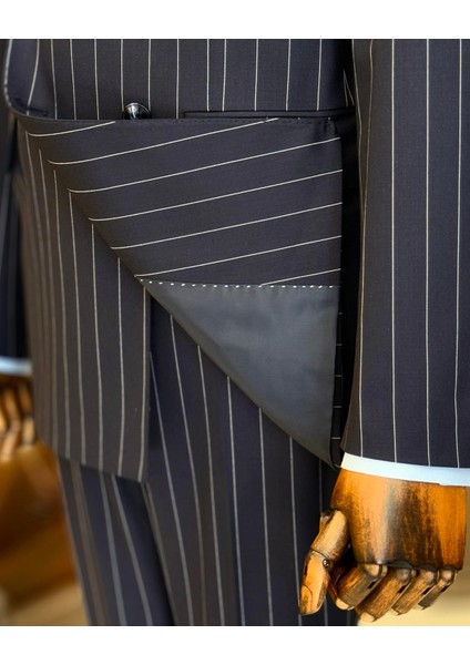 İtalyan Stil Kruvaze Çizgili Ceket Pantolon Takım Elbise Lacivert T12902 indirimleri