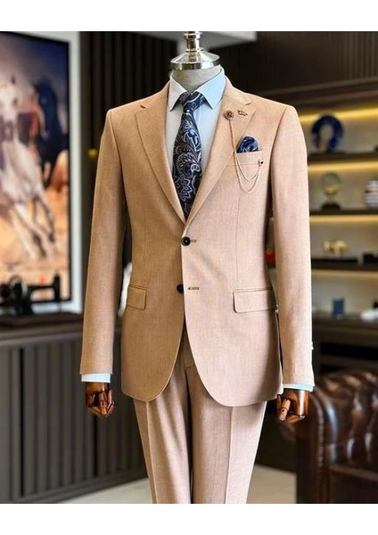 İtalyan Stil Slim Fit Erkek Ceket Pantolon Takım Elbise Vizon T12718