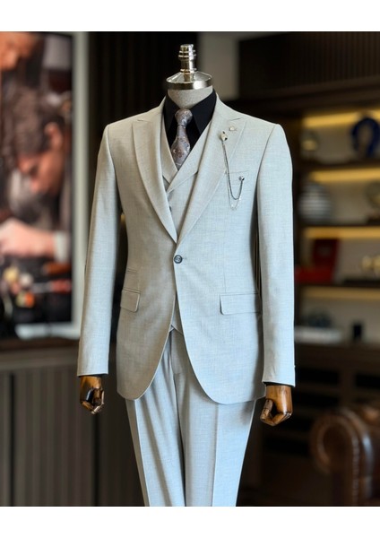 İtalyan Stil Ceket Yelek Pantolon Takım Elbise Gri T12818