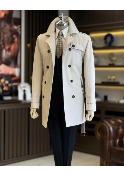 Italyan Stil Slim Fit Mevsimlik Erkek Trençkot Mont Taş T11335
