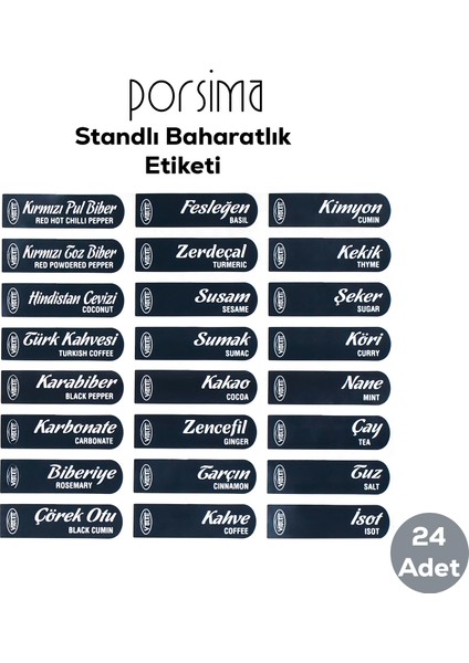 1154 Standlı 9' lu Etiketli Baharatlık Takımı Kendinden Yapışkanlı Kaşıklı ve Kapaklı Baharatlık Seti