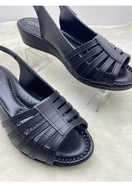 Deri Önü Kafesli Anne Dolgu Topuk Sandalet Siyah 38 ST02518-12704