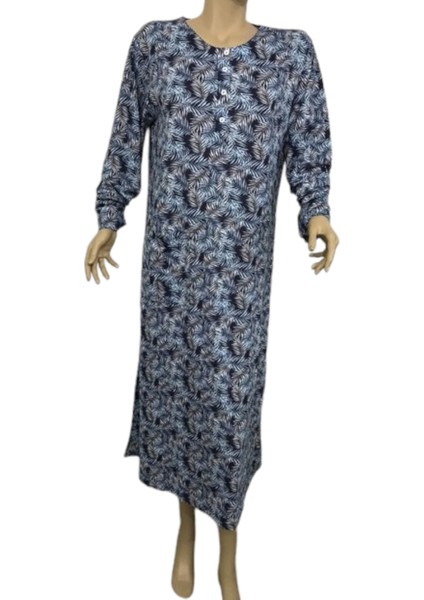 1521-NENA Bayan 4 Mevsim Ince Uzunkol Patlı Ev Elbisesi-Lacivert