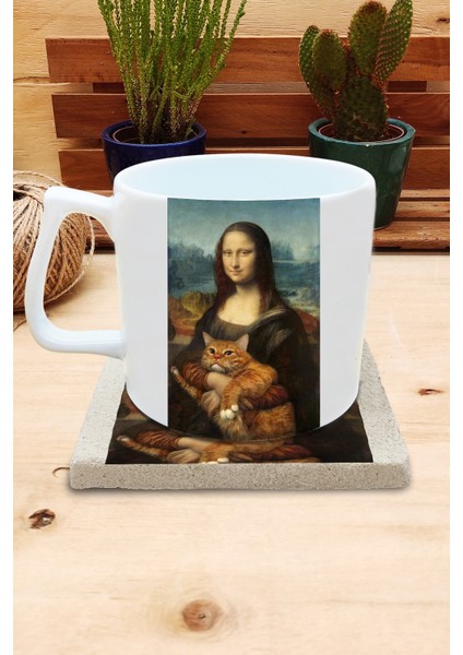 Kediler ve Sanat/leonardo Da Vinci Mona Lisa Set 10 - Yelken Fincan Kupa-Taş Bardak Altlığı 1