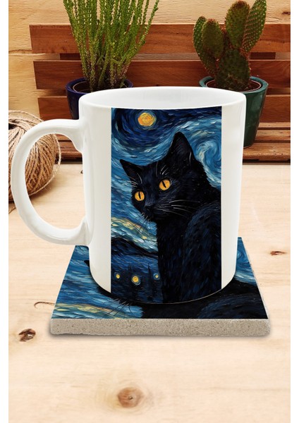 Kediler ve Sanat/van Gogh Yıldızlı Gece The Starry Night Set 8 - Standart Kupa-Taş Bardak Altlığı 6