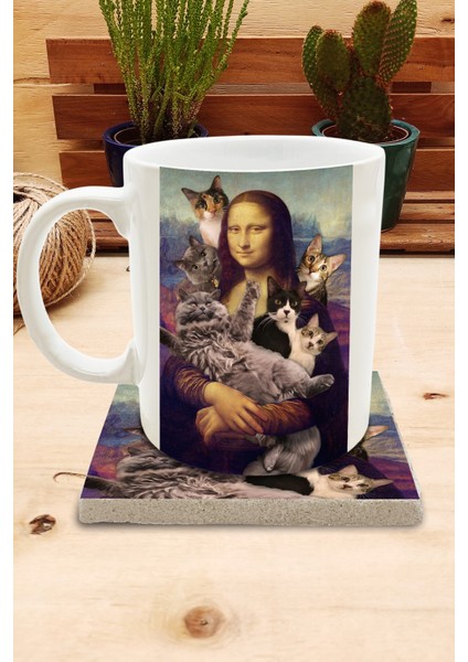 Kediler ve Sanat/leonardo Da Vinci Mona Lisa Set 8 -Standart Kupa-Taş Bardak Altlığı 2