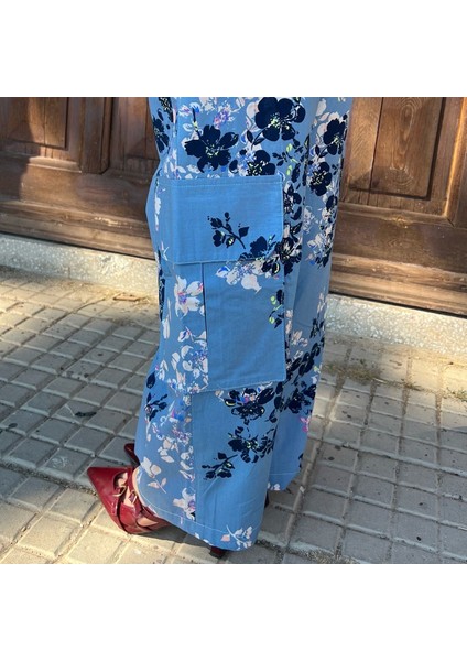 Mavi Çiçekli Büstiyerli ve Kargo Cepli Pantolon Takım modelleri