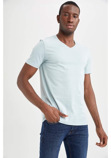 Slim Fit V Yaka Basic Kısa Kollu Tişört Parlak Mavi