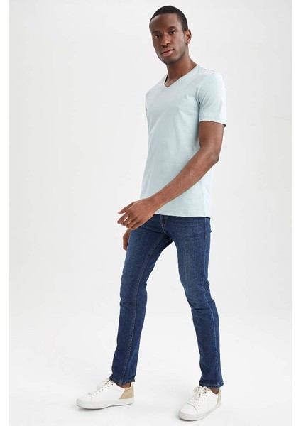 Slim Fit V Yaka Basic Kısa Kollu Tişört Parlak Mavi fiyatları