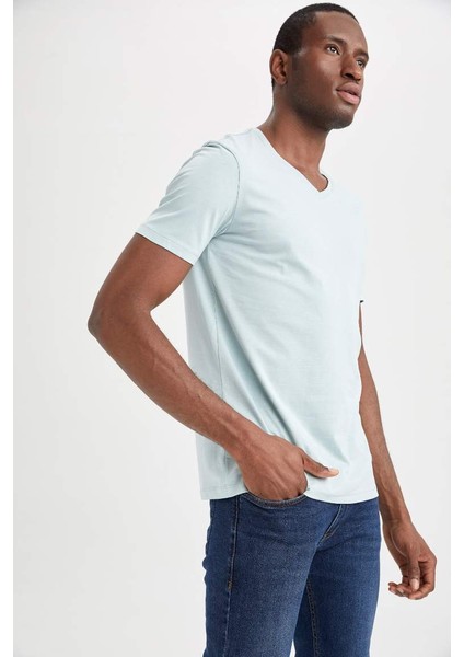 Slim Fit V Yaka Basic Kısa Kollu Tişört Parlak Mavi modelleri