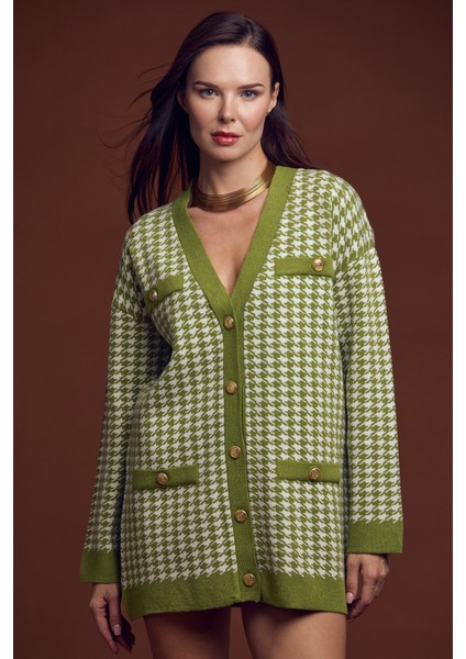 Kazayağı Motif Oversize Triko Ceket - Yeşil