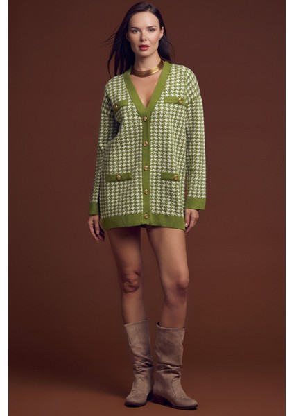 Kazayağı Motif Oversize Triko Ceket - Yeşil