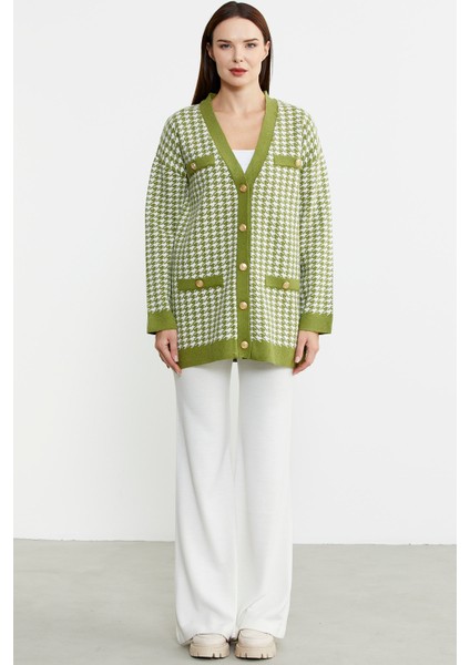 Kazayağı Motif Oversize Triko Ceket - Yeşil
