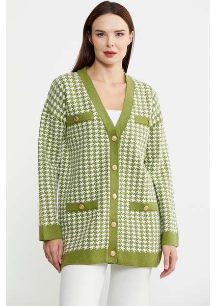 Kazayağı Motif Oversize Triko Ceket - Yeşil