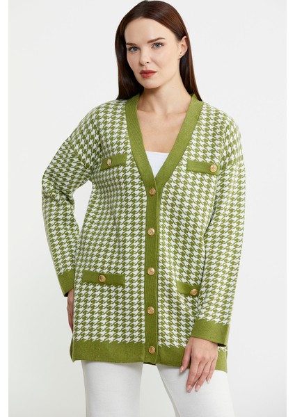 Kazayağı Motif Oversize Triko Ceket - Yeşil