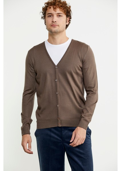 Erkek V Yaka Düğmeli Triko Hırka - Vizon fiyatları