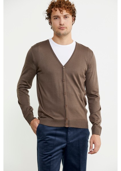 Erkek V Yaka Düğmeli Triko Hırka - Vizon modelleri