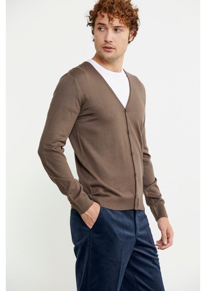 Erkek V Yaka Düğmeli Triko Hırka - Vizon fırsatları